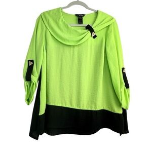 Ali Miles Green Black Tunic Top PS Cowl Neck Rayon Contrast Trim Artsy Boho